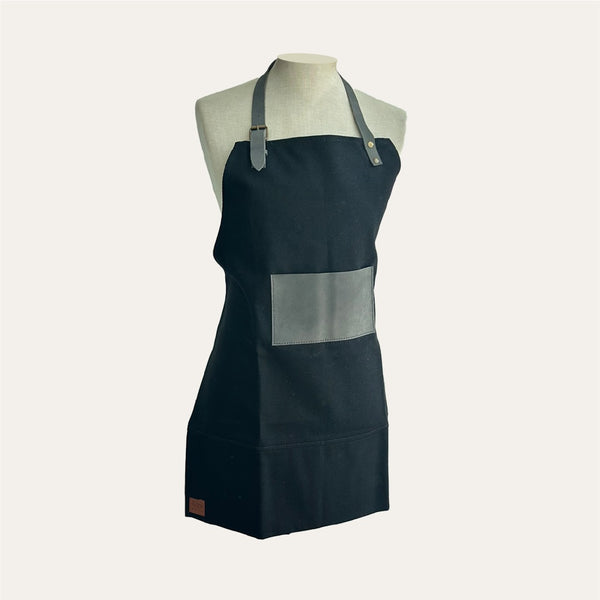 Barista Apron Black Canvas fabric with grey natural leather