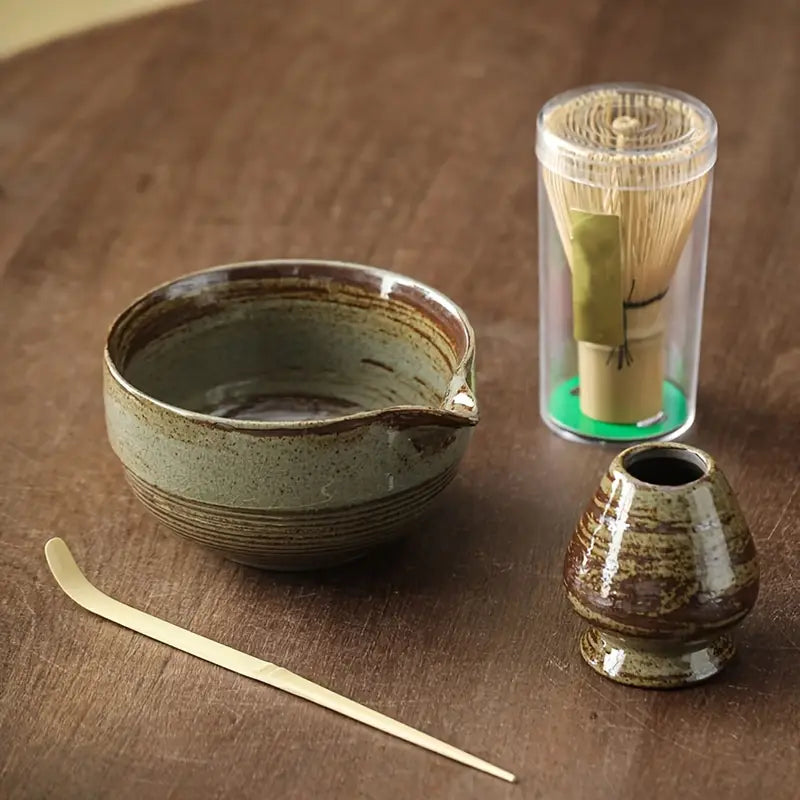 Japanese Matcha 4pcs  Rustic Green Glazed